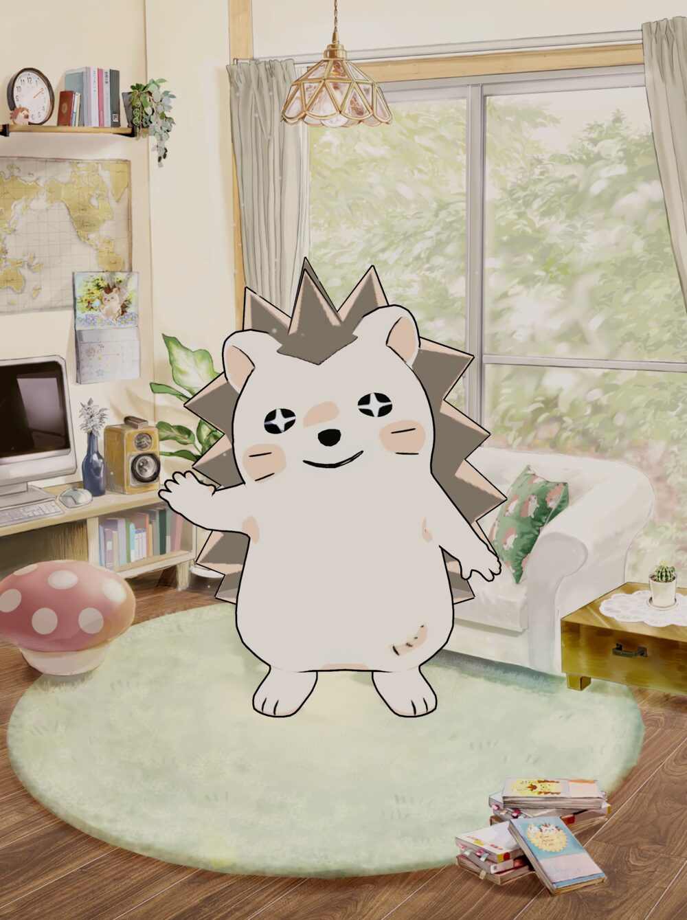 お部屋で手を振るハリネズミのエフィー